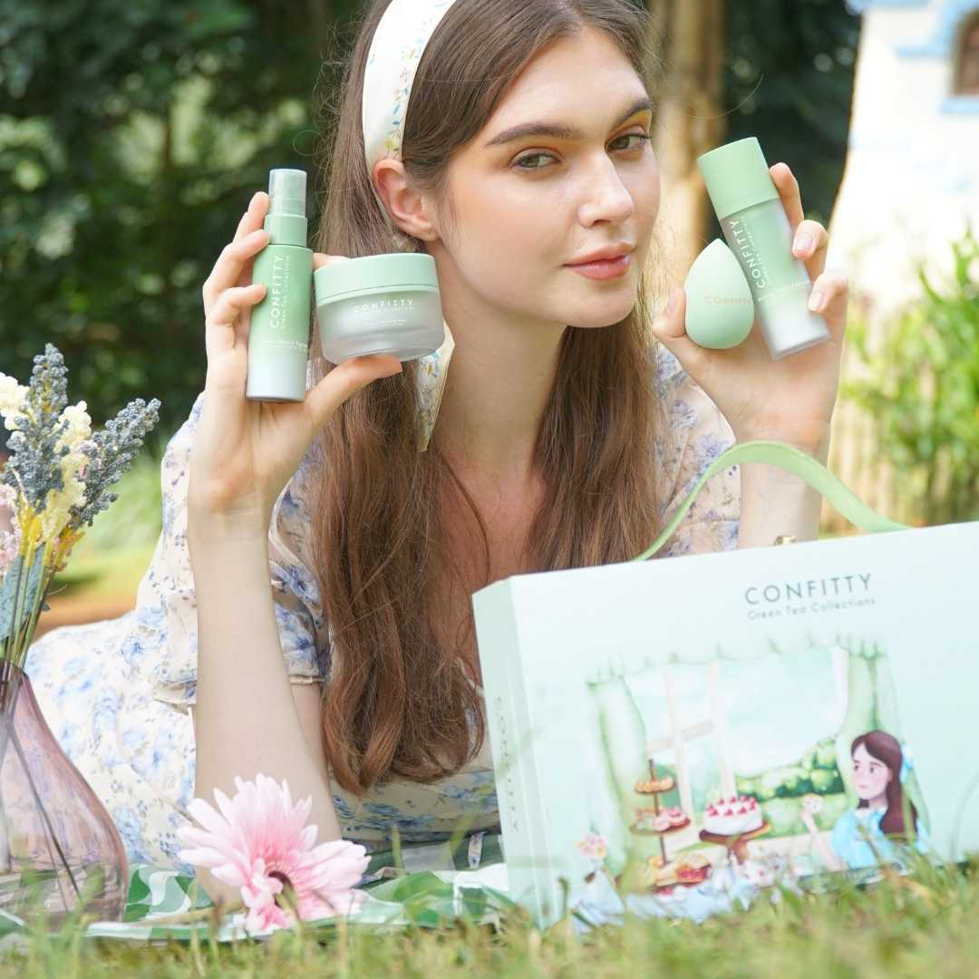 CONFITTY Grentea Collections Set Bundle [ Double Cleansing Balm, Daily Refresh Face Mist, Morning Bubble Emulsion, Greentea Oil Infused Bouncy Make Up Blender ]