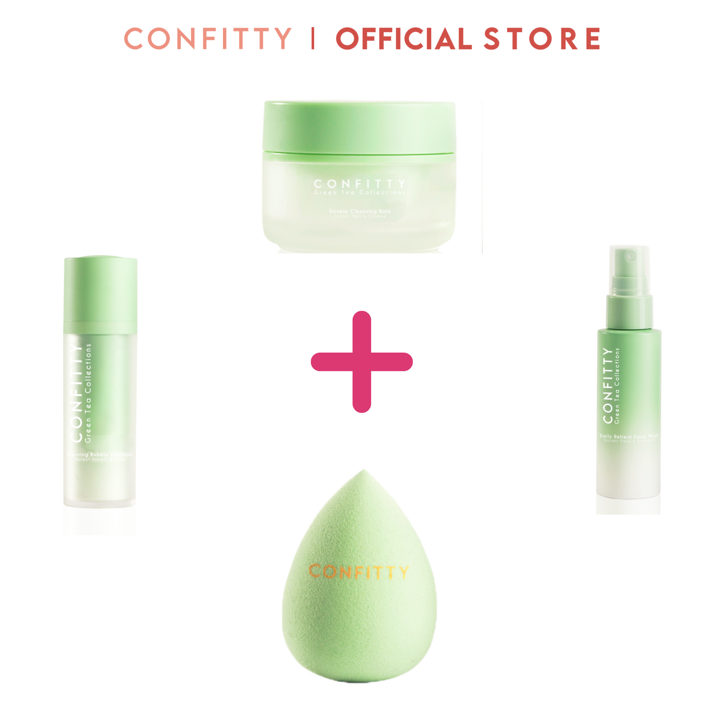 CONFITTY Grentea Collections Set Bundle [ Double Cleansing Balm, Daily Refresh Face Mist, Morning Bubble Emulsion, Greentea Oil Infused Bouncy Make Up Blender ]